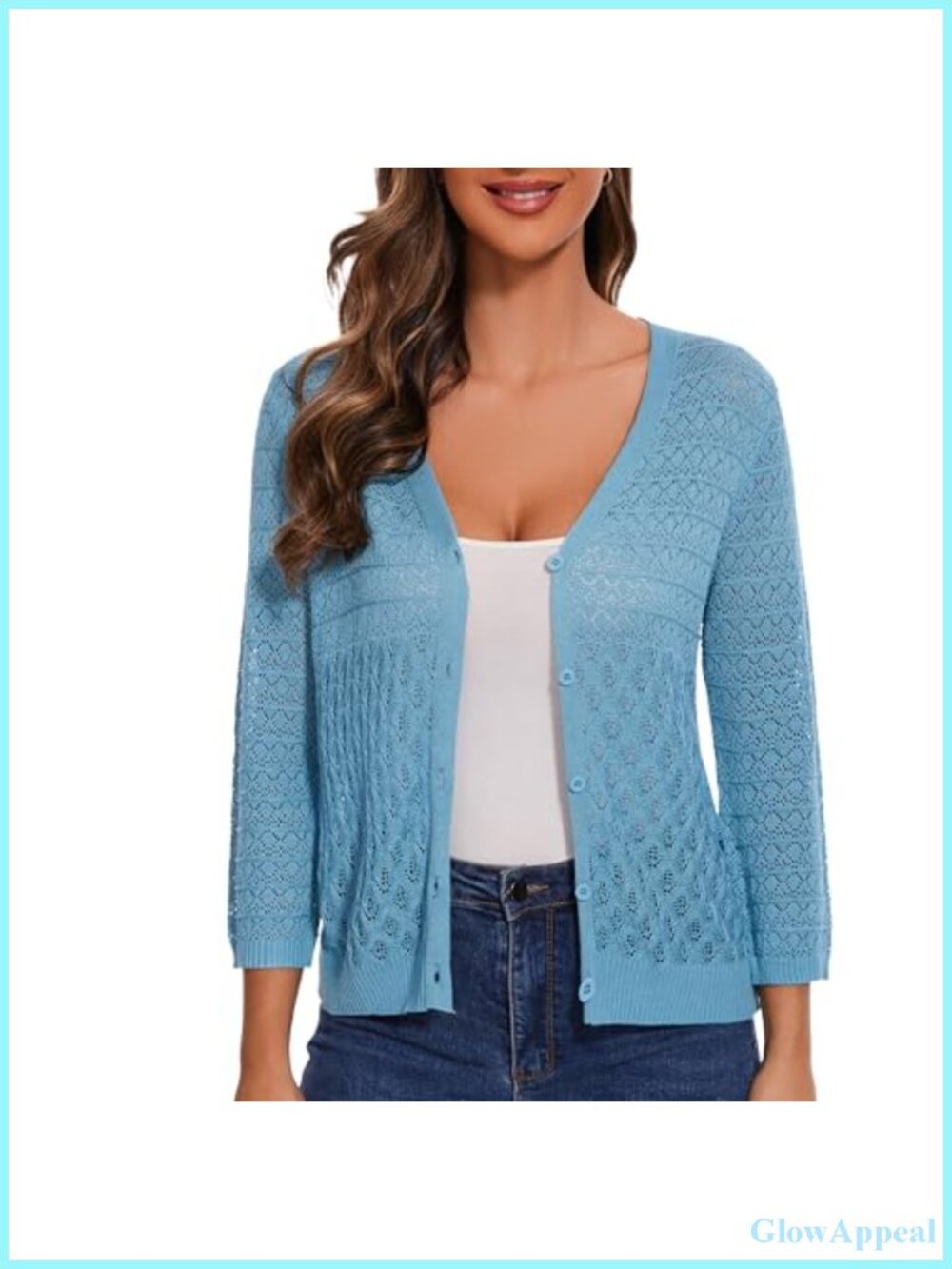 Crochet Knit 3/4 Sleeve Cardigan Shrug V-Neck Open Front Buttons